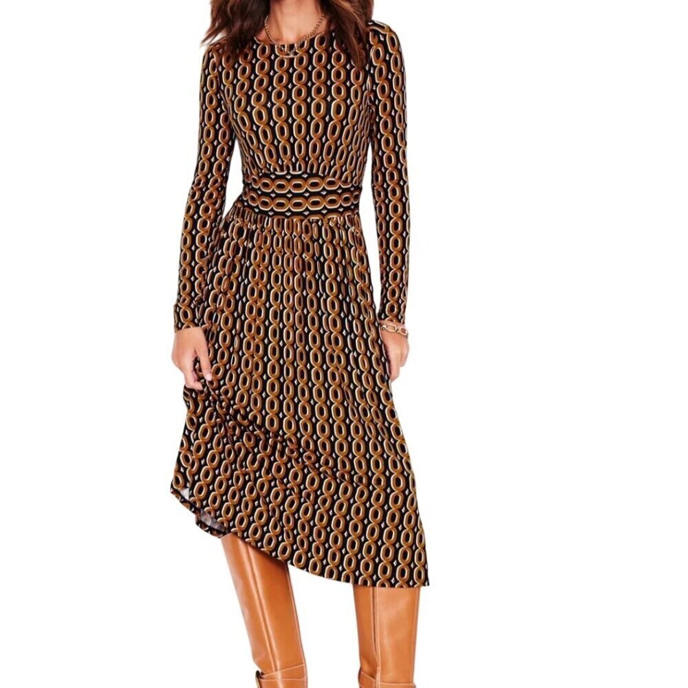 Boden NWT Thea Long Sleeve Jersey Dress Ochra Chain Midi Size 16-18R